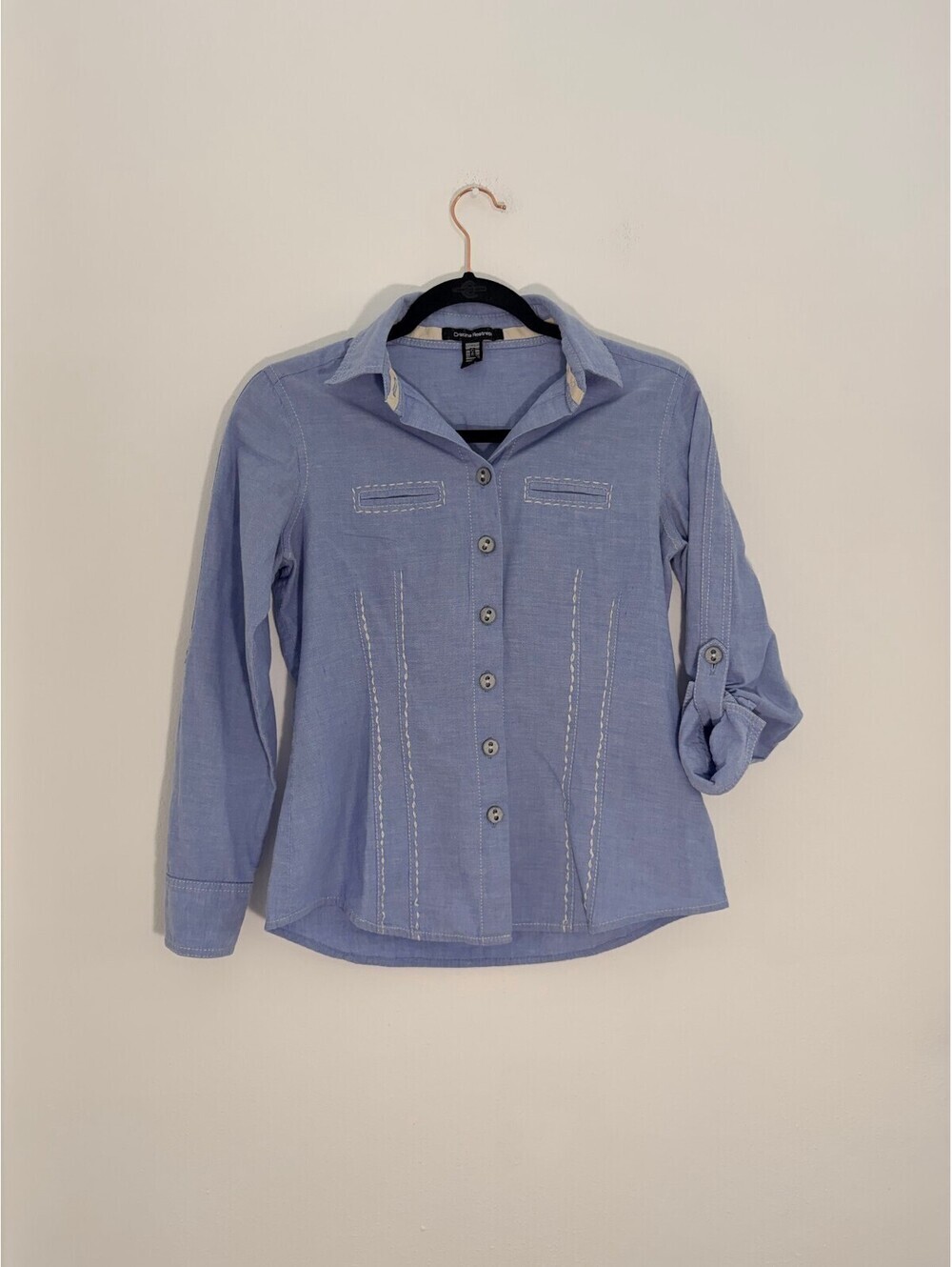 Cristina Restrepo Blue Button Front Embroidered Roll Tab Sleeve Shirt Size 10